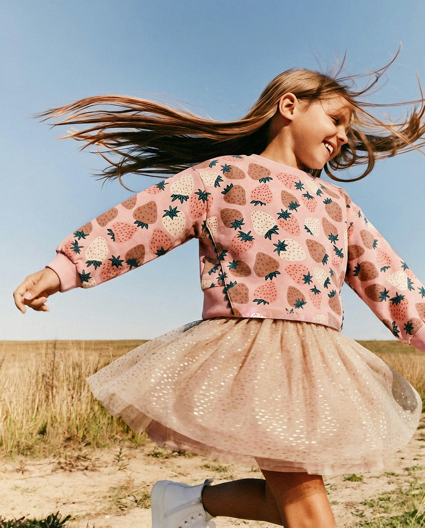Bi-Material Dress Pink Strawberry Print
