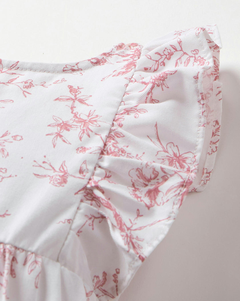 Baby's Twill Ruffled Romper in Pink Timeless Toile