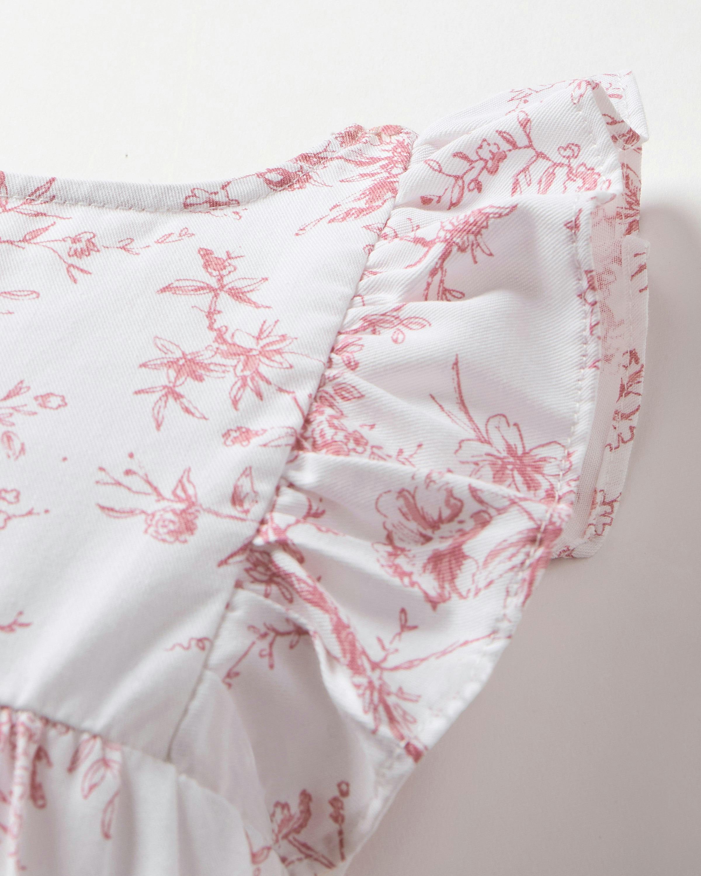 Baby's Twill Ruffled Romper in Pink Timeless Toile