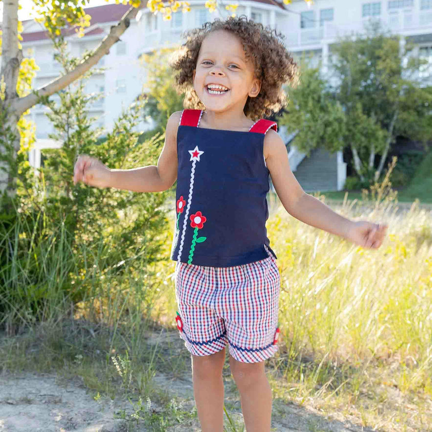 Plaid Seersucker Shorts With Ric Rac & Flowers