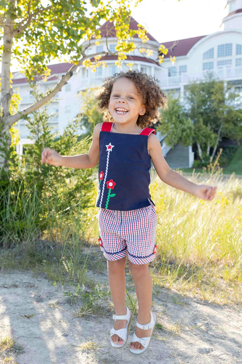 Plaid Seersucker Shorts With Ric Rac & Flowers