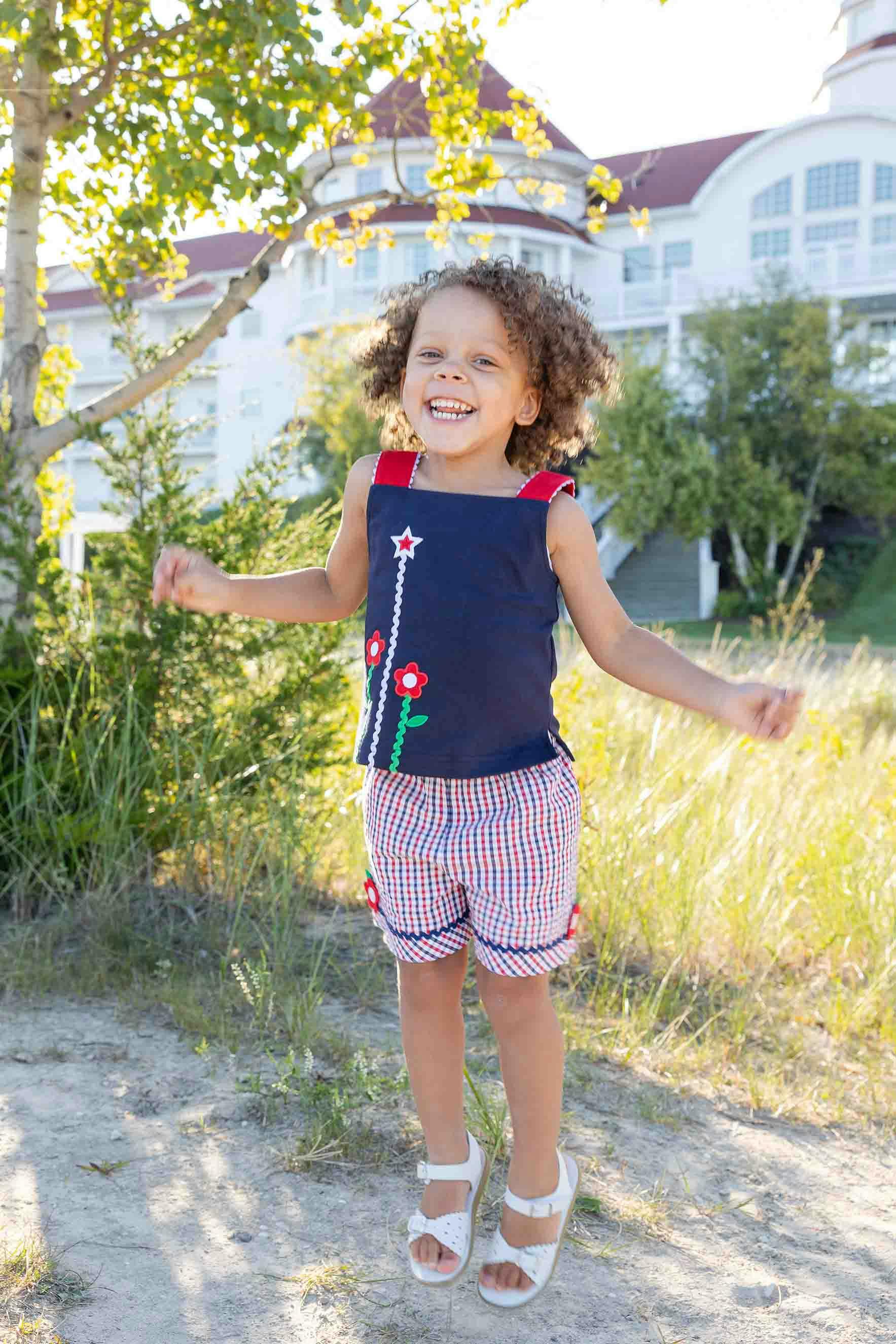 Plaid Seersucker Shorts With Ric Rac & Flowers