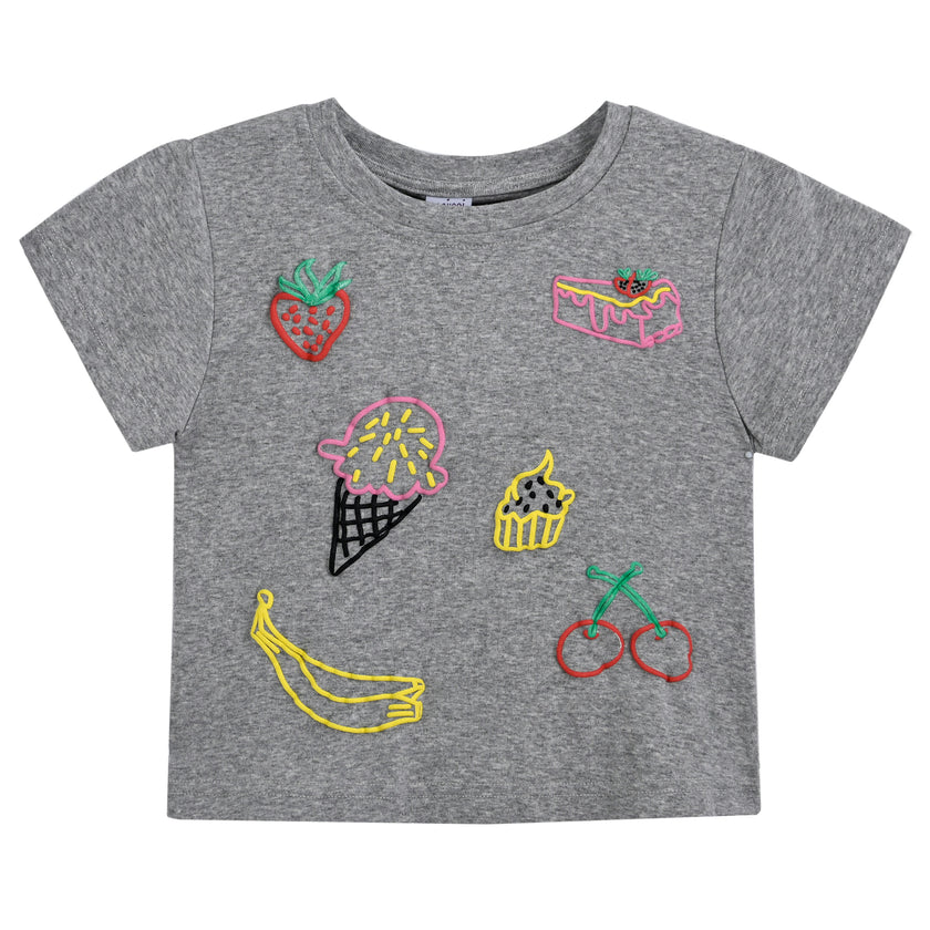 Gray Tee with Food Motifs