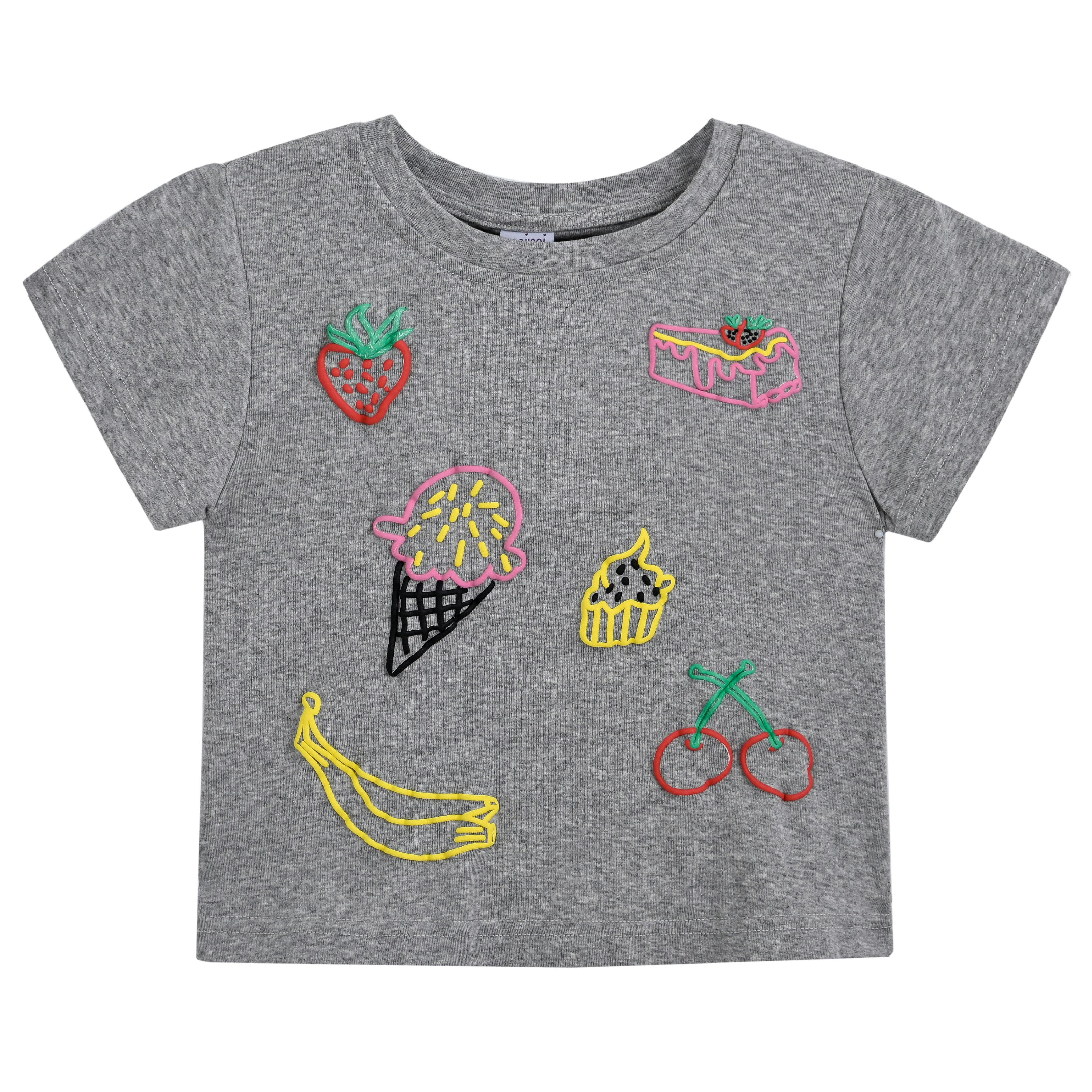 Gray Tee with Food Motifs