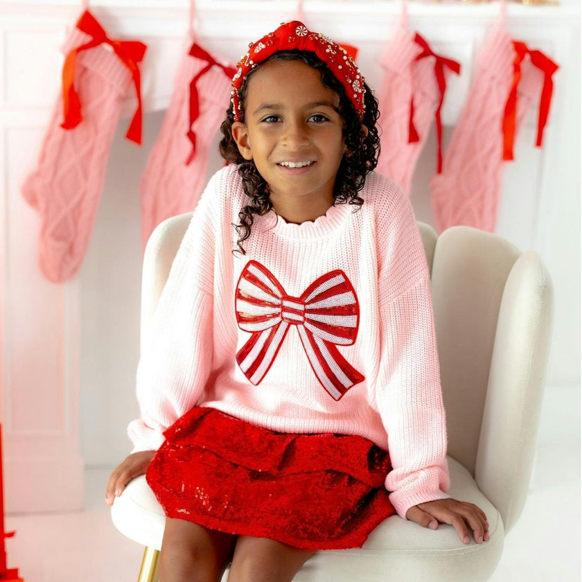 Candy Cane Sequin Bow Patch Christmas Sweater