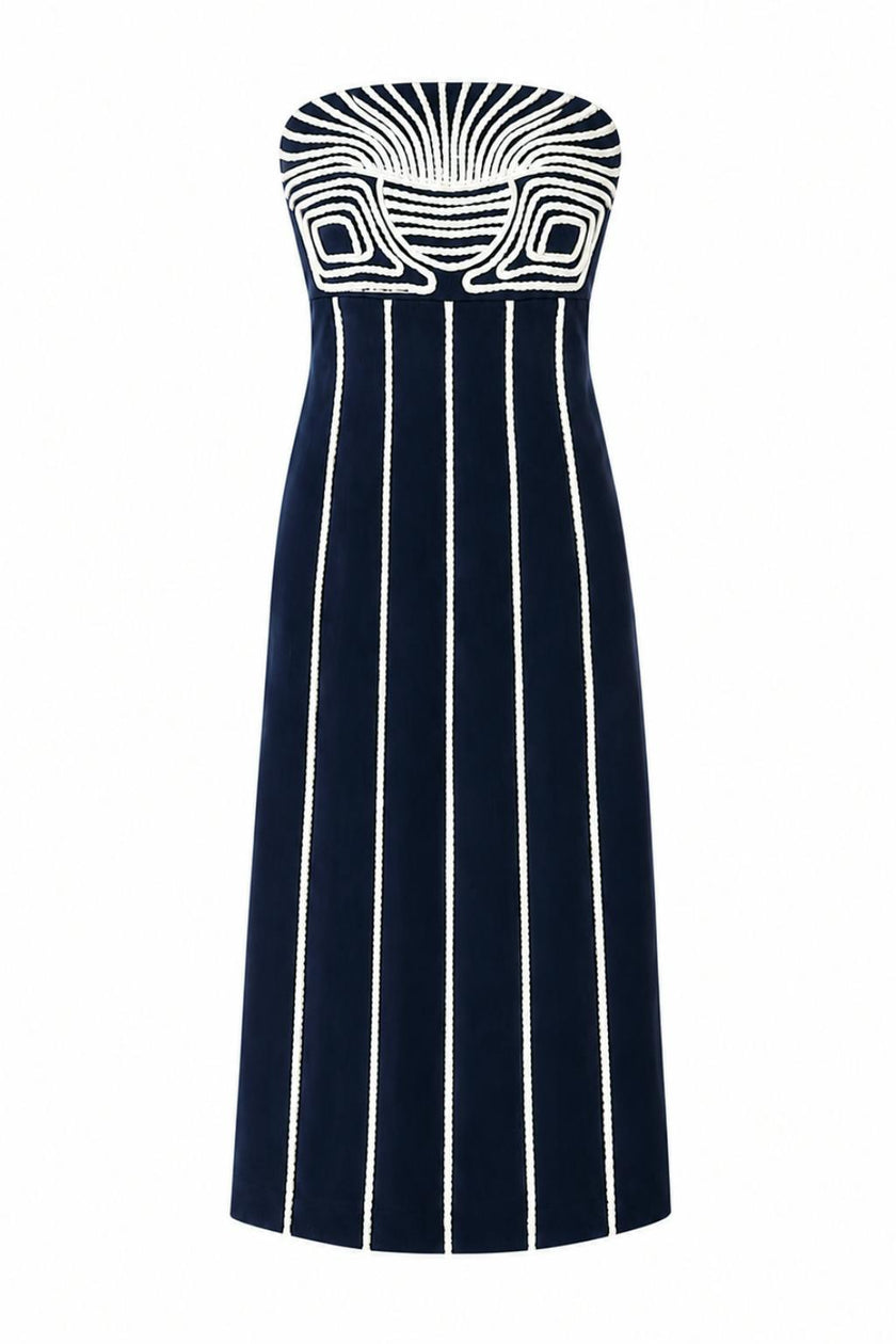Lylie Navy Blue Embroidery Strapless Midi Dress