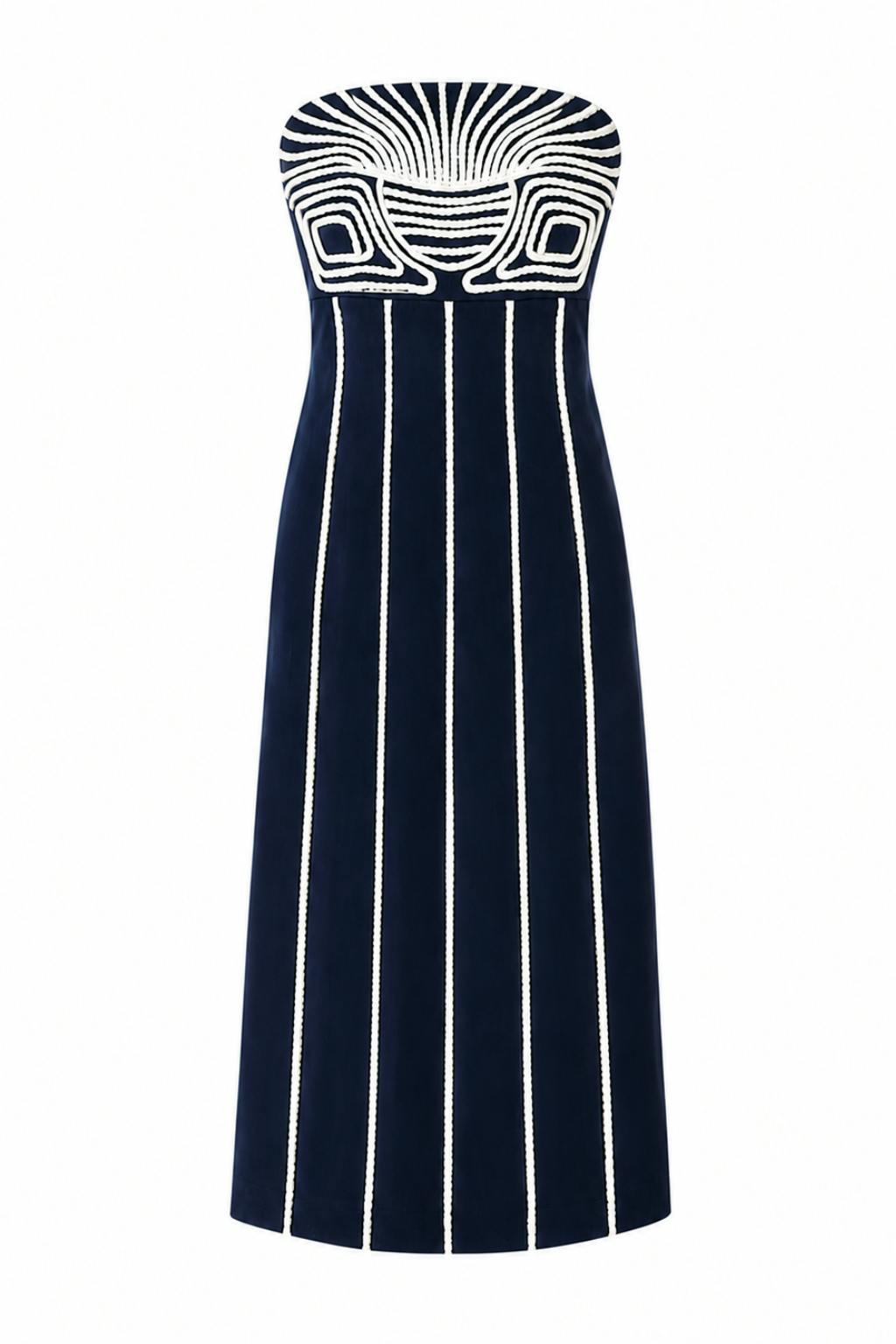 Lylie Navy Blue Embroidery Strapless Midi Dress