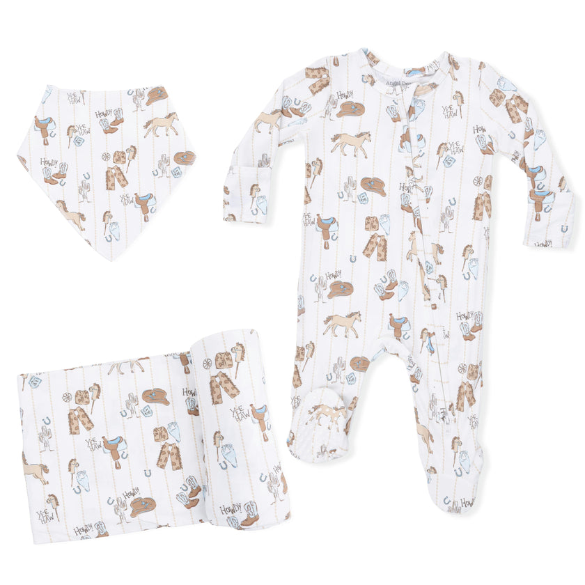 Cowboy Nursery -  2 Way Zipper Footie, Bandana Bib, & Swaddle Blanket Set