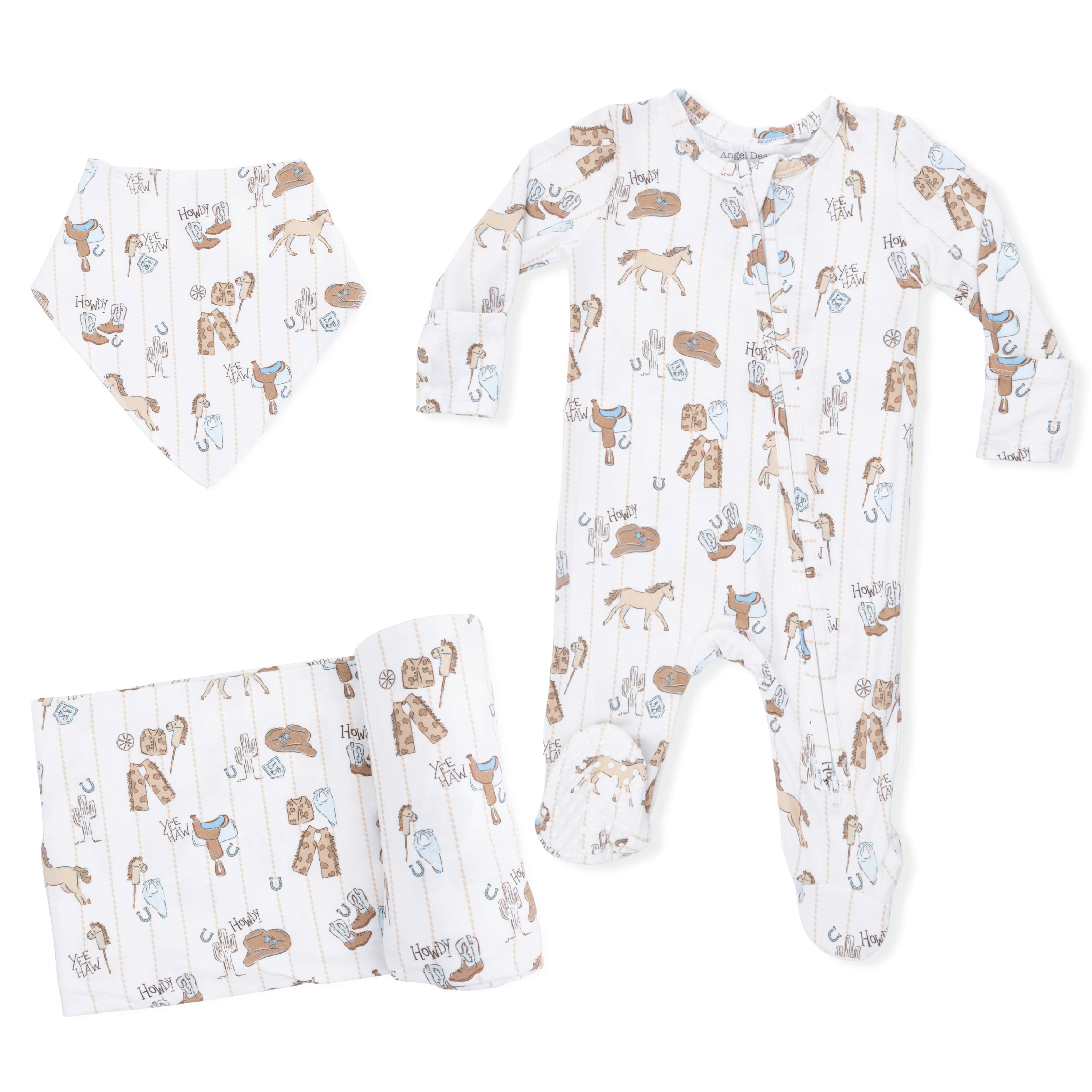 Cowboy Nursery -  2 Way Zipper Footie, Bandana Bib, & Swaddle Blanket Set