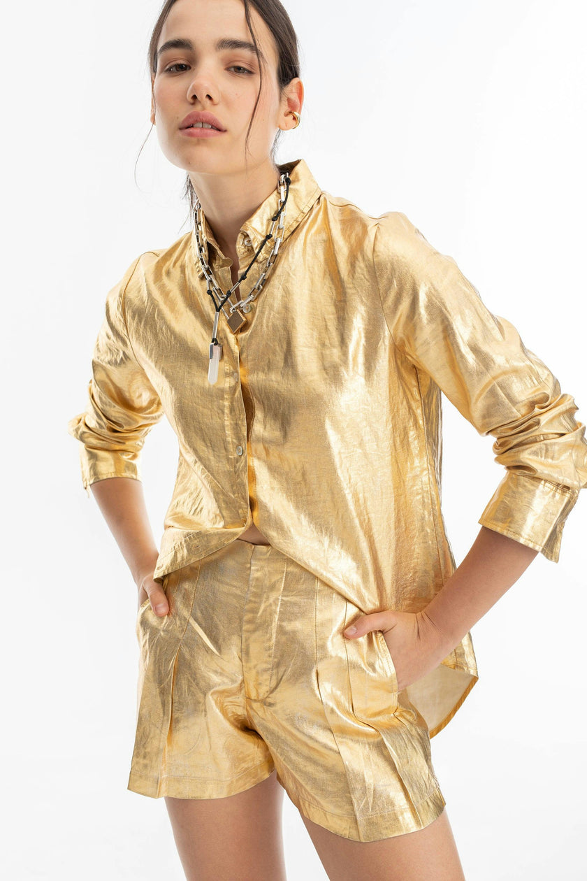 Frida Metallic&nbsp;Linen Shorts - Gold