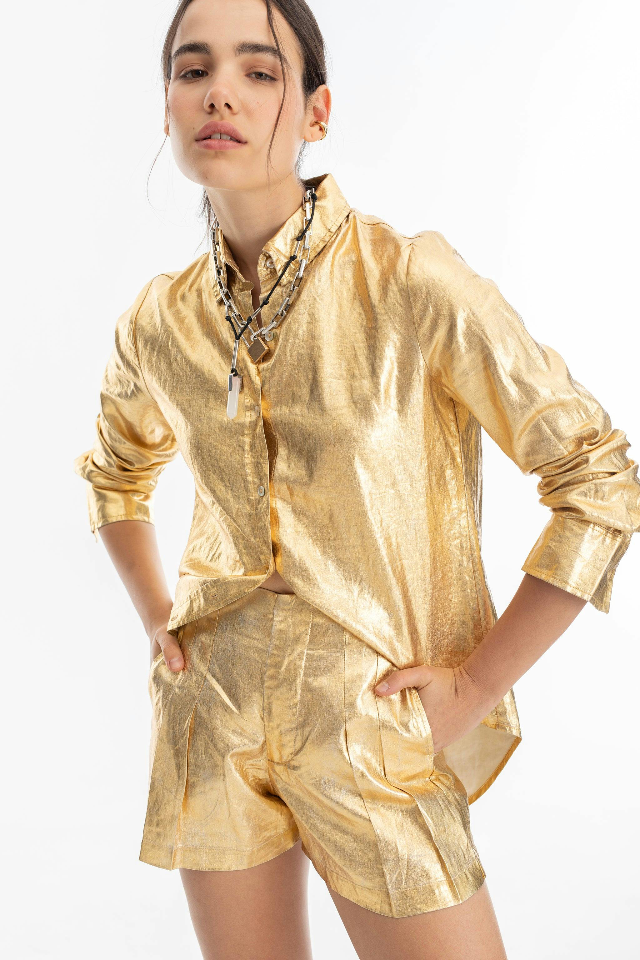 Frida Metallic&nbsp;Linen Shorts - Gold