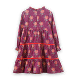 Long Sleeves Tiered Skirt Dress with Velvet Trim