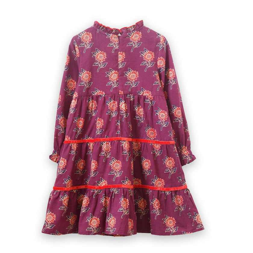 Long Sleeves Tiered Skirt Dress with Velvet Trim