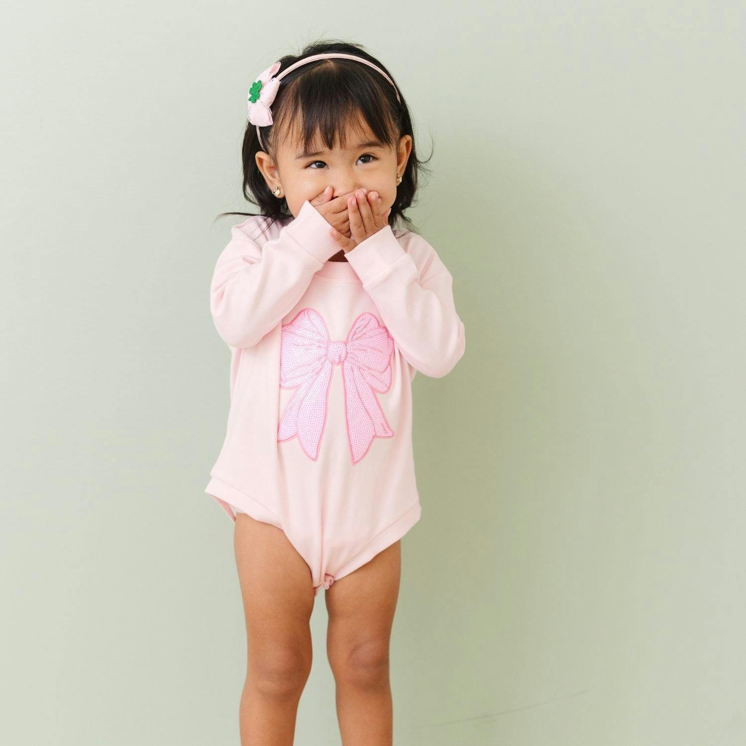 Pink Bow Sequin Patch Long Sleeve Romper