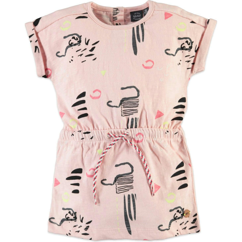 All-Over Abstract Print Short Sleeve Cinched Waist Dress