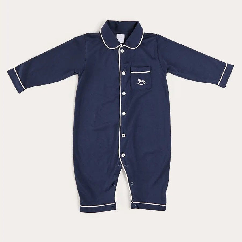 Rocking Horse Embroidered Pima Cotton All In One Pyjamas in Navy (6mths-3yrs)