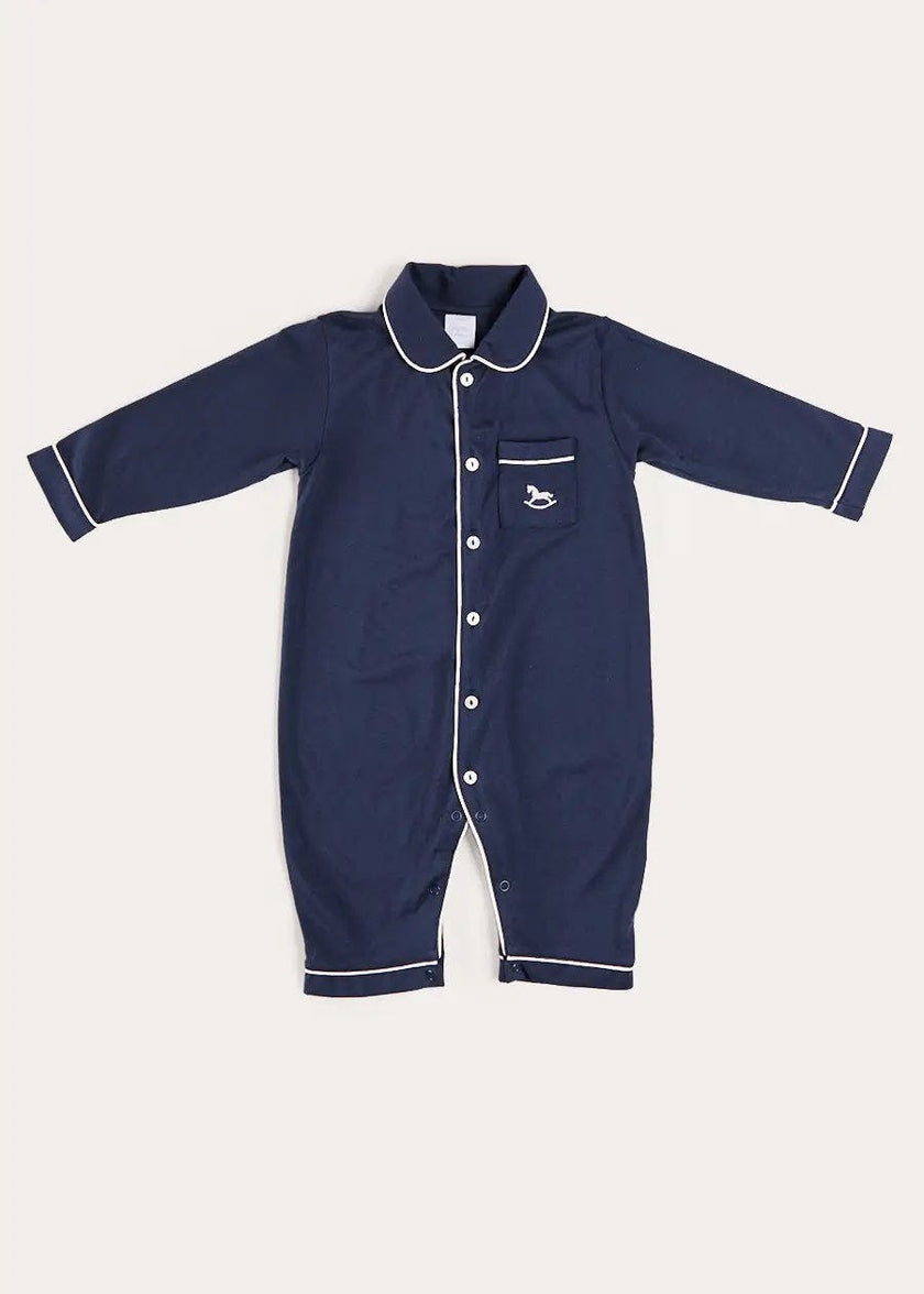 Rocking Horse Embroidered Pima Cotton All In One Pyjamas in Navy (6mths-3yrs)