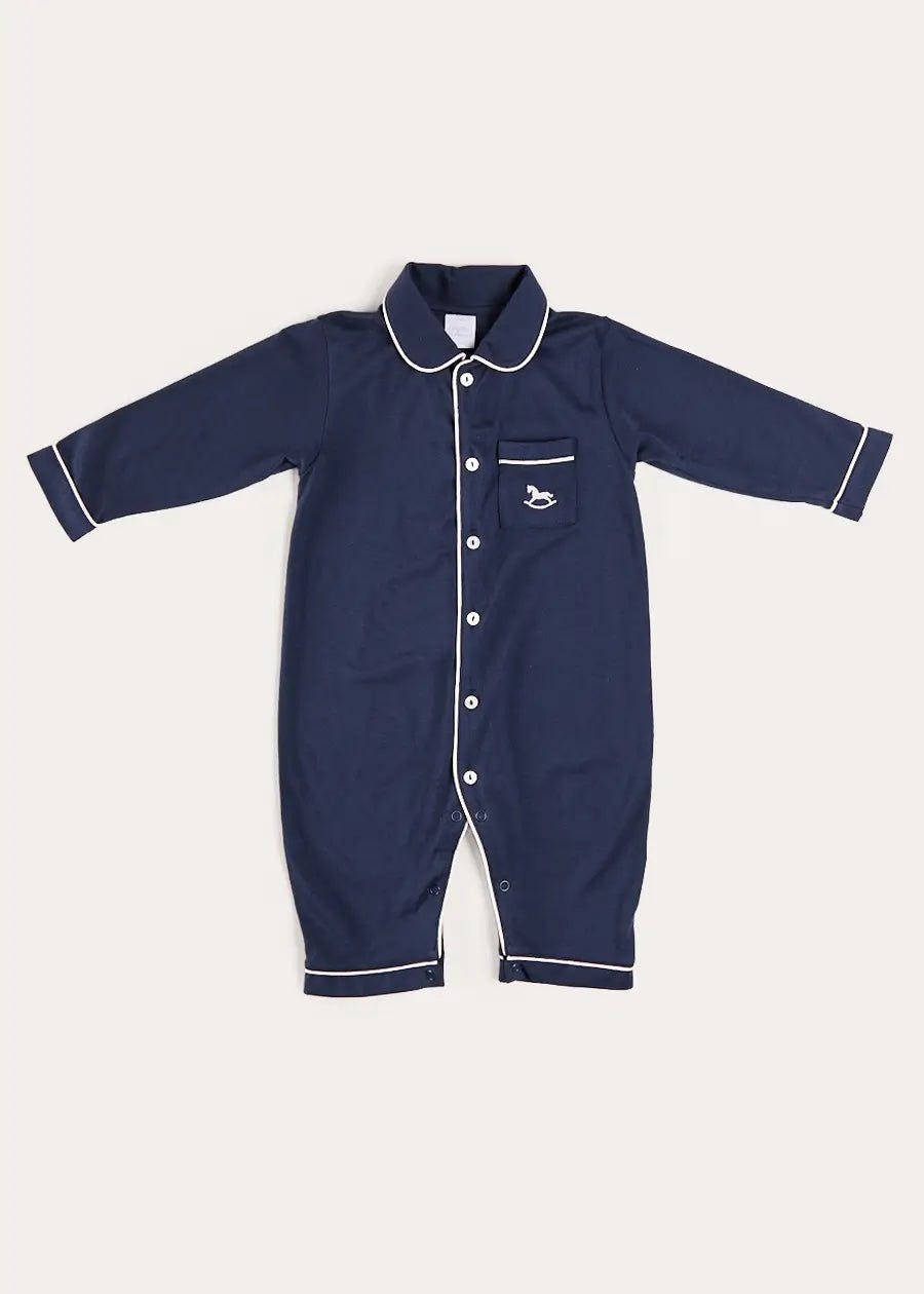 Rocking Horse Embroidered Pima Cotton All In One Pyjamas in Navy (6mths-3yrs)