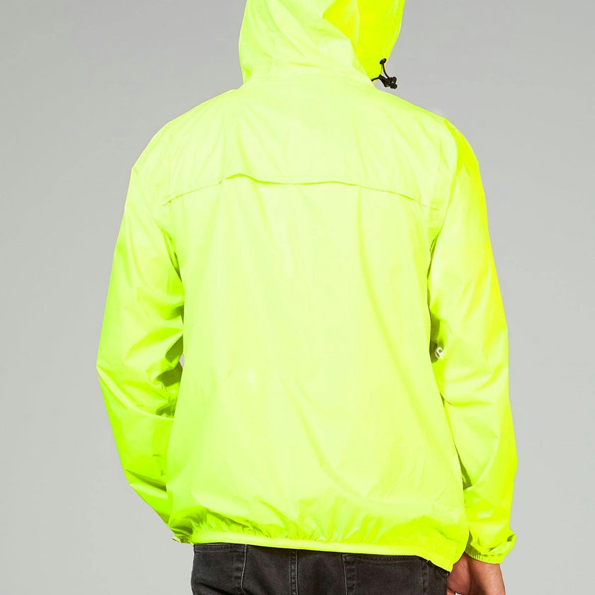 Yellow fluo full zip packable rain jacket and windbreaker