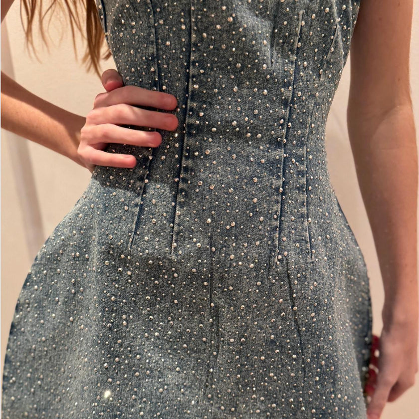 Demi Denim Studded Crystal Strapless Dress