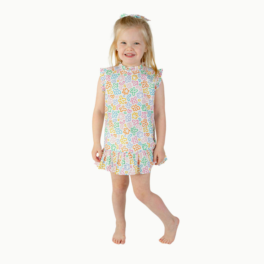 Drop Waist Dress in Rainbow Doodle