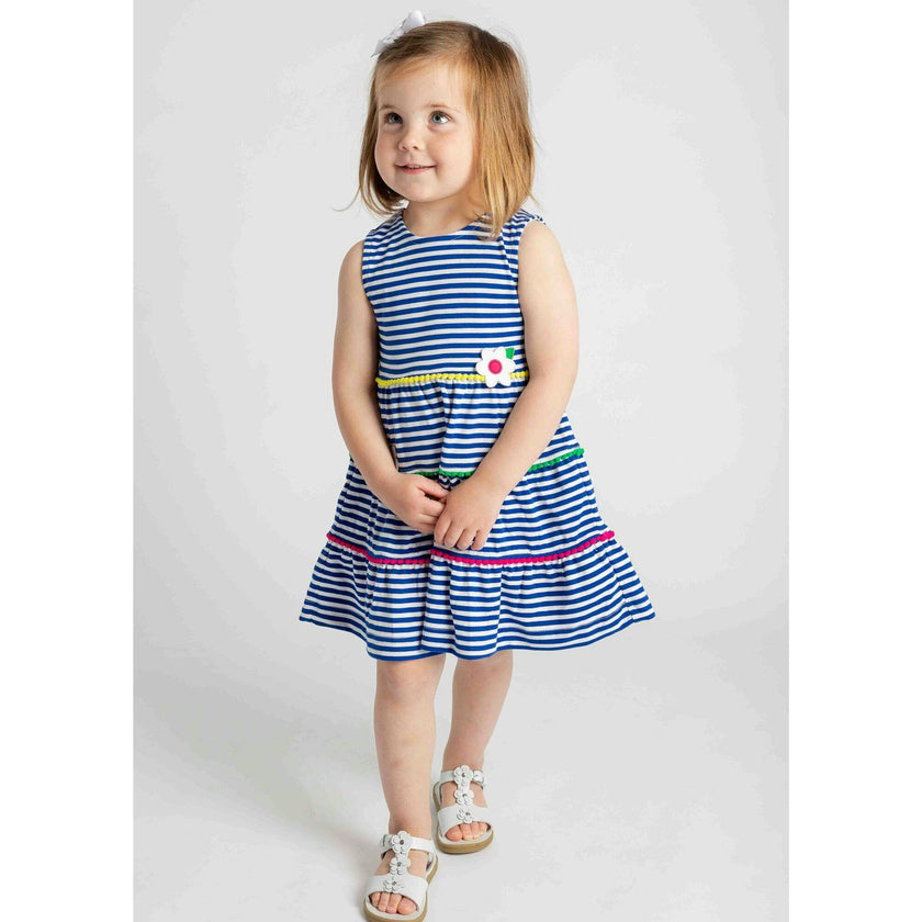 Stripe Knit Dress With Pom Poms & Flowers