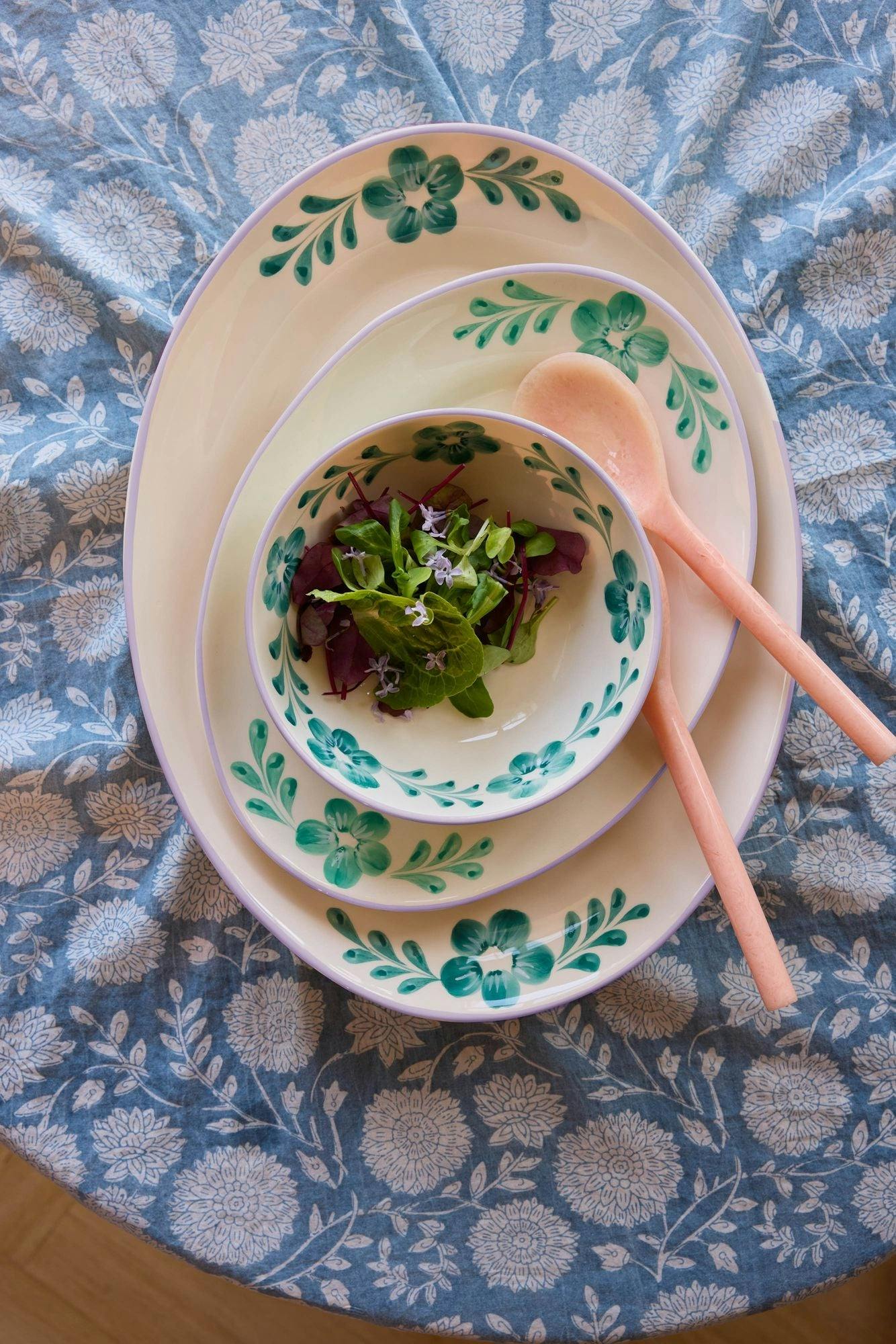 Ceramic Serving Platter with Hand-painted Green Flower Vine - Medium