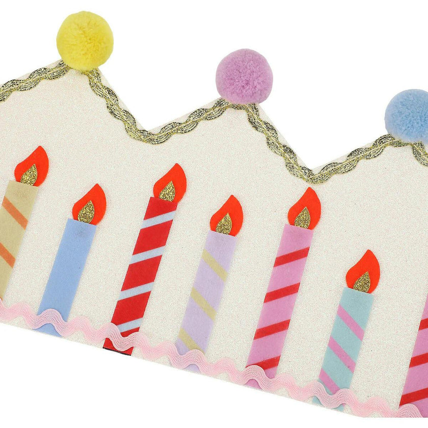 Packed Party Birthday Wishes Reusable Glitter Pom Pom Crown - Metallic Fabric Birthday Candle Crown with Multicolor Poms and Adjustable Satin Ties
