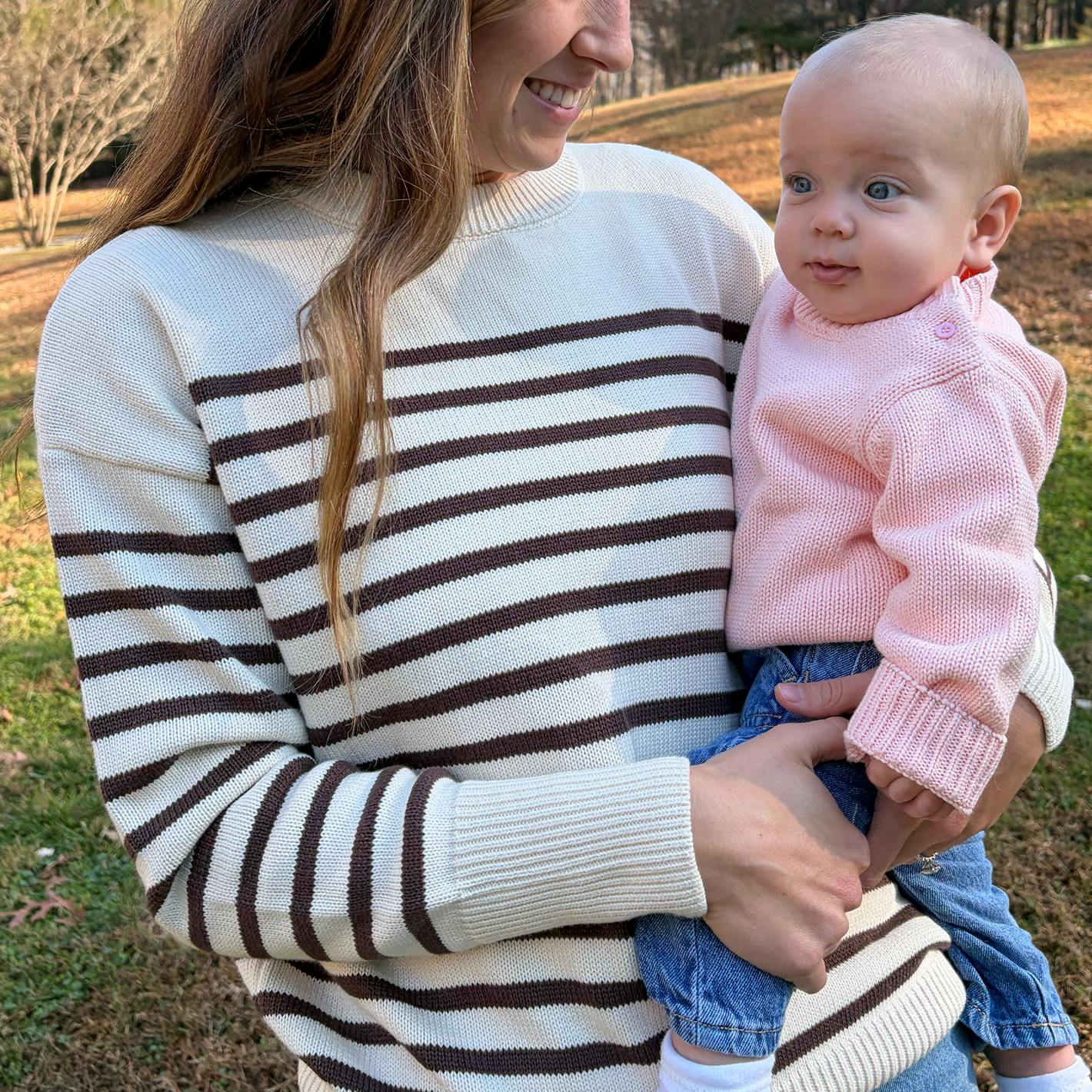 women's cream and brown stripe knit sweater