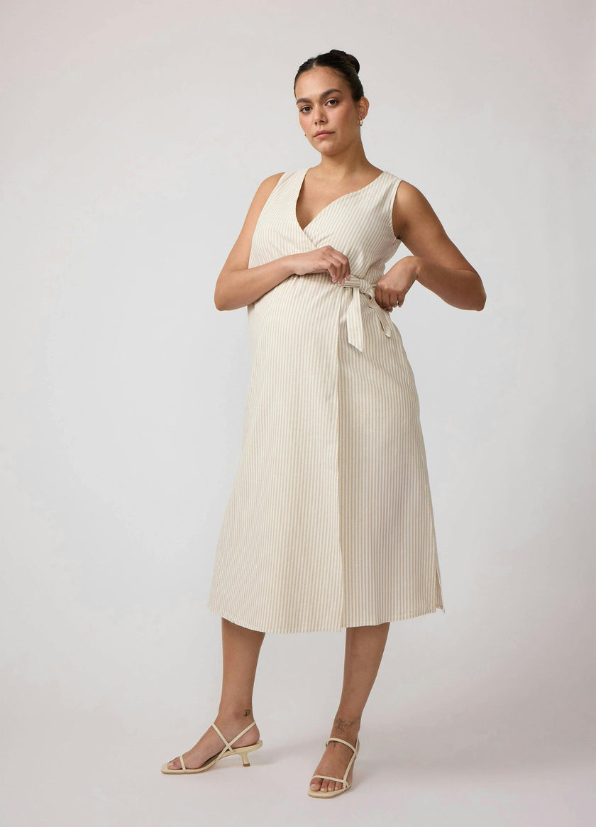 Striped Linen Wrap Maternity Midi Dress