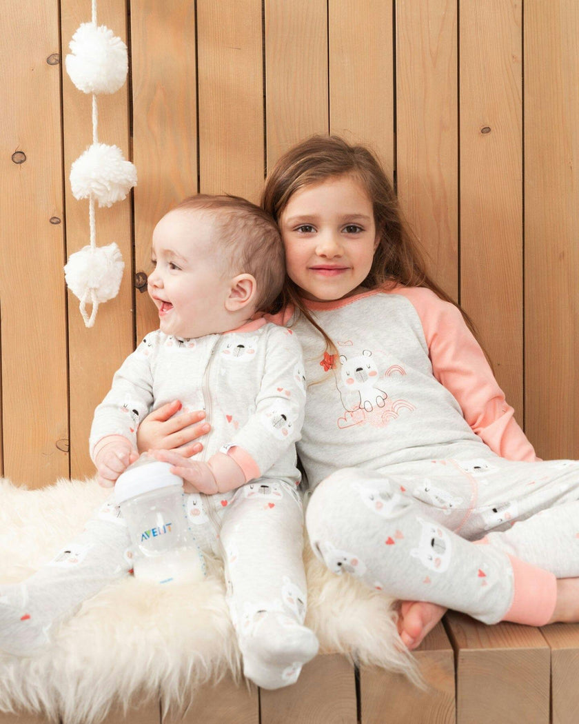 Organic Cotton Long Sleeve Printed Bears One Piece Pajama Oatmeal Mix