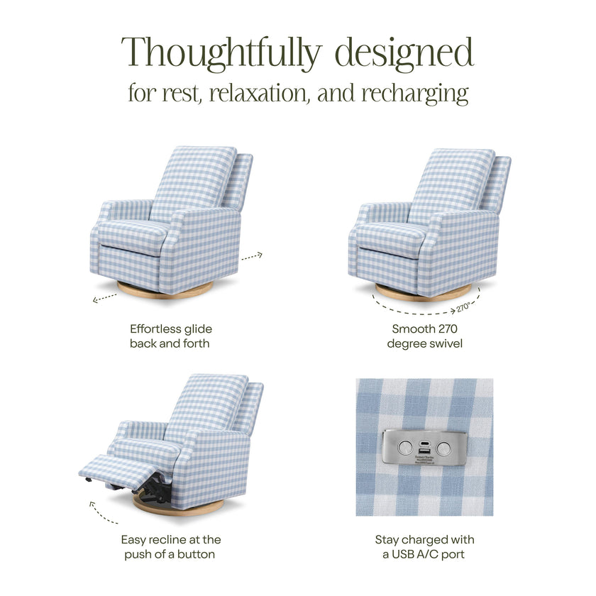 Crewe Electronic Recliner and Swivel Glider in Blue Gingham with Light Wood Base