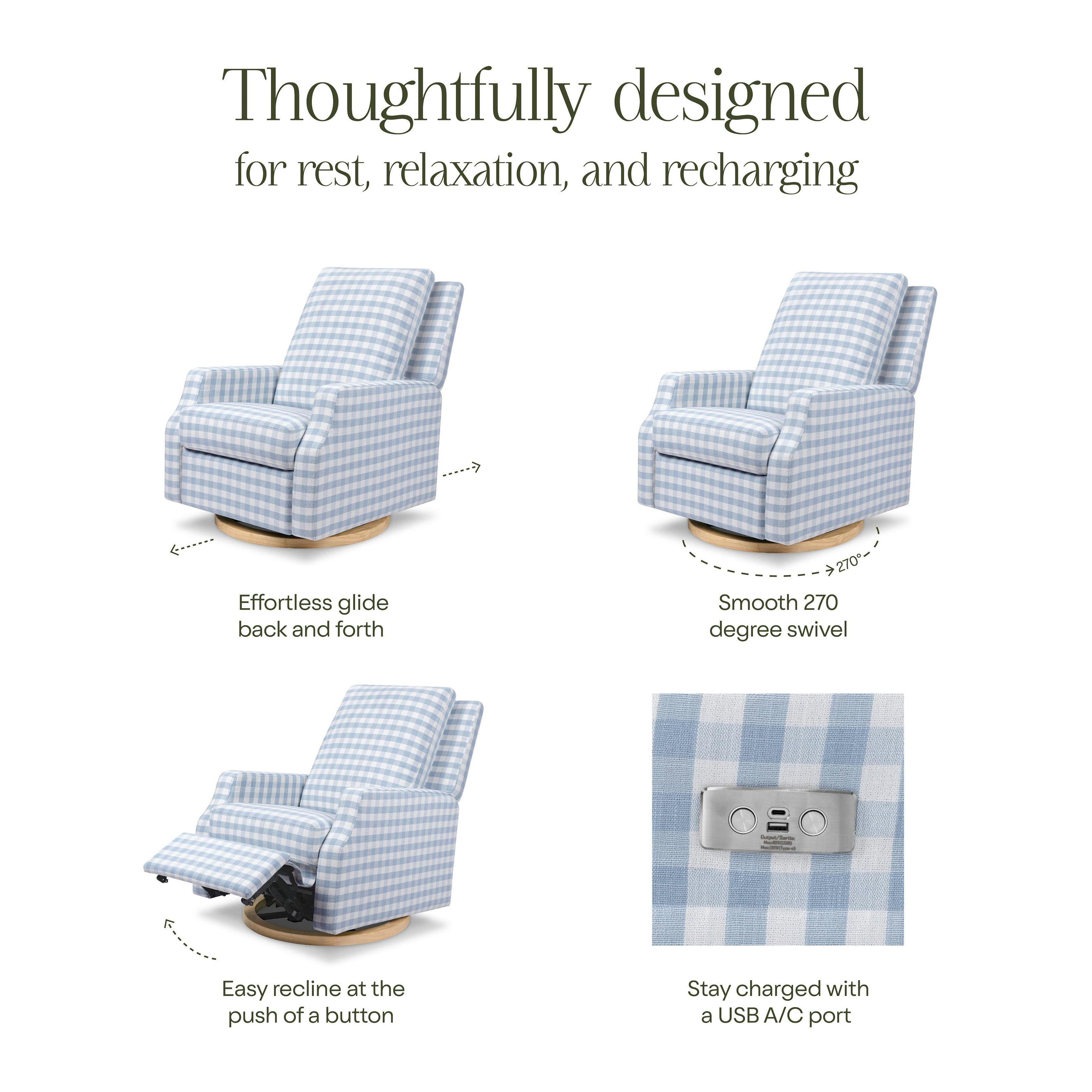 Crewe Electronic Recliner and Swivel Glider in Blue Gingham with Light Wood Base