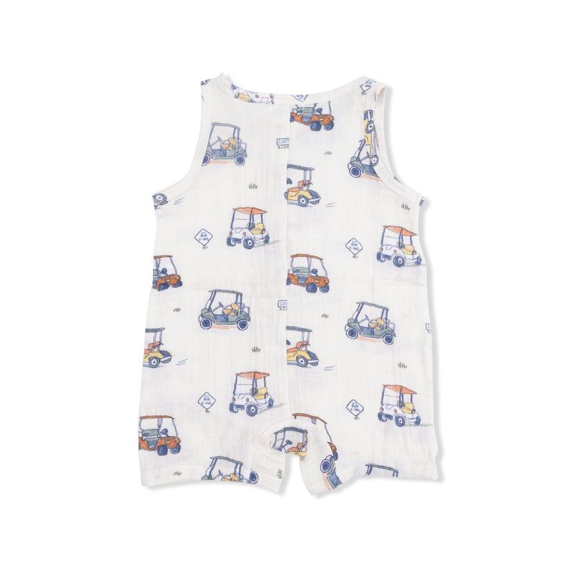 Zooming Golf Carts - Sleeveless Shortie Romper with Bucket Hat
