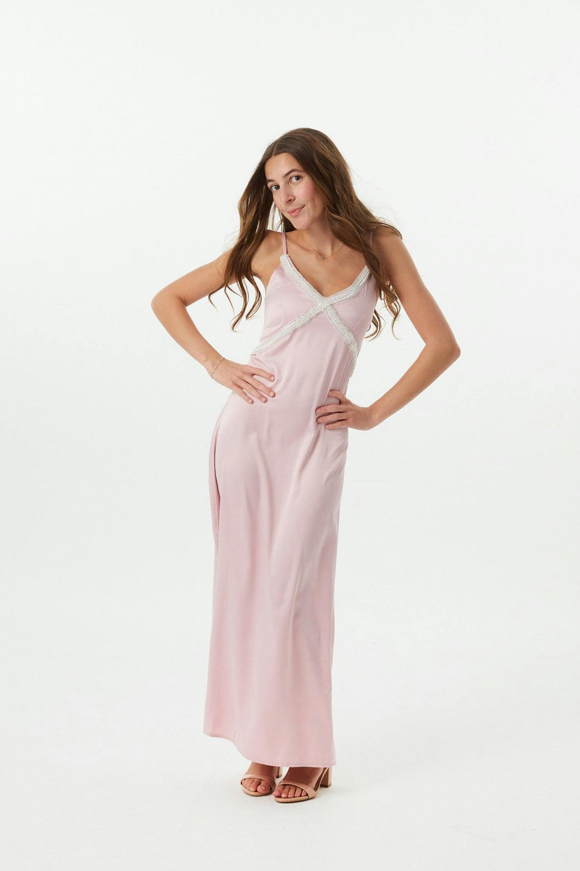 Miller Mauve Satin Maxi Dress With Lace Trim