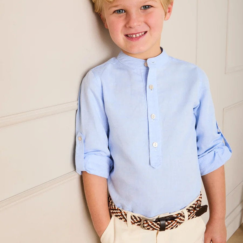 Mao Collar Linen Blend Shirt in Blue (18mths- 10yrs)