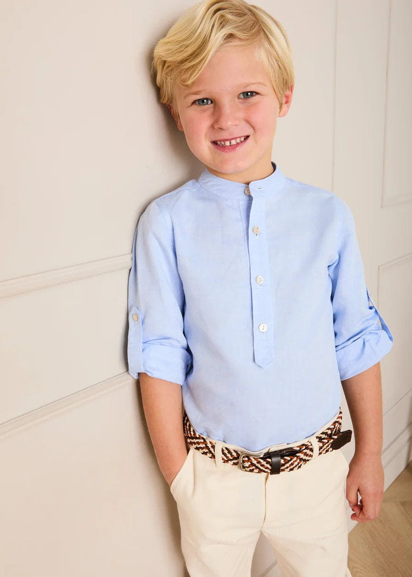 Mao Collar Linen Blend Shirt in Blue (18mths- 10yrs)