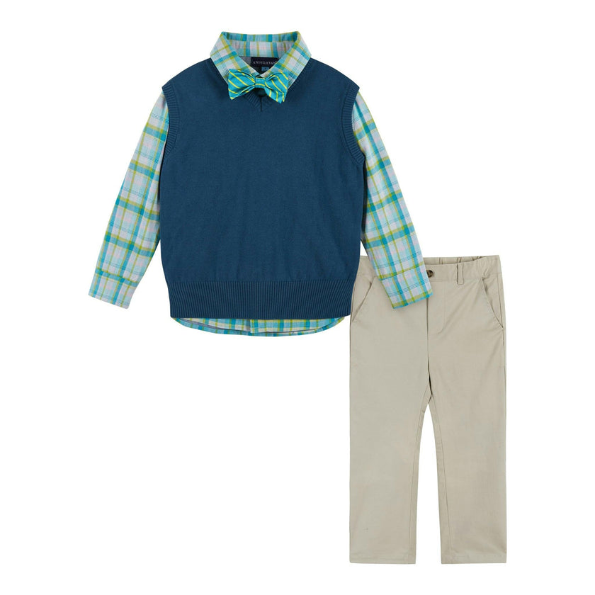 Boys 4-Piece Vest Set | Navy & Khaki Plaid