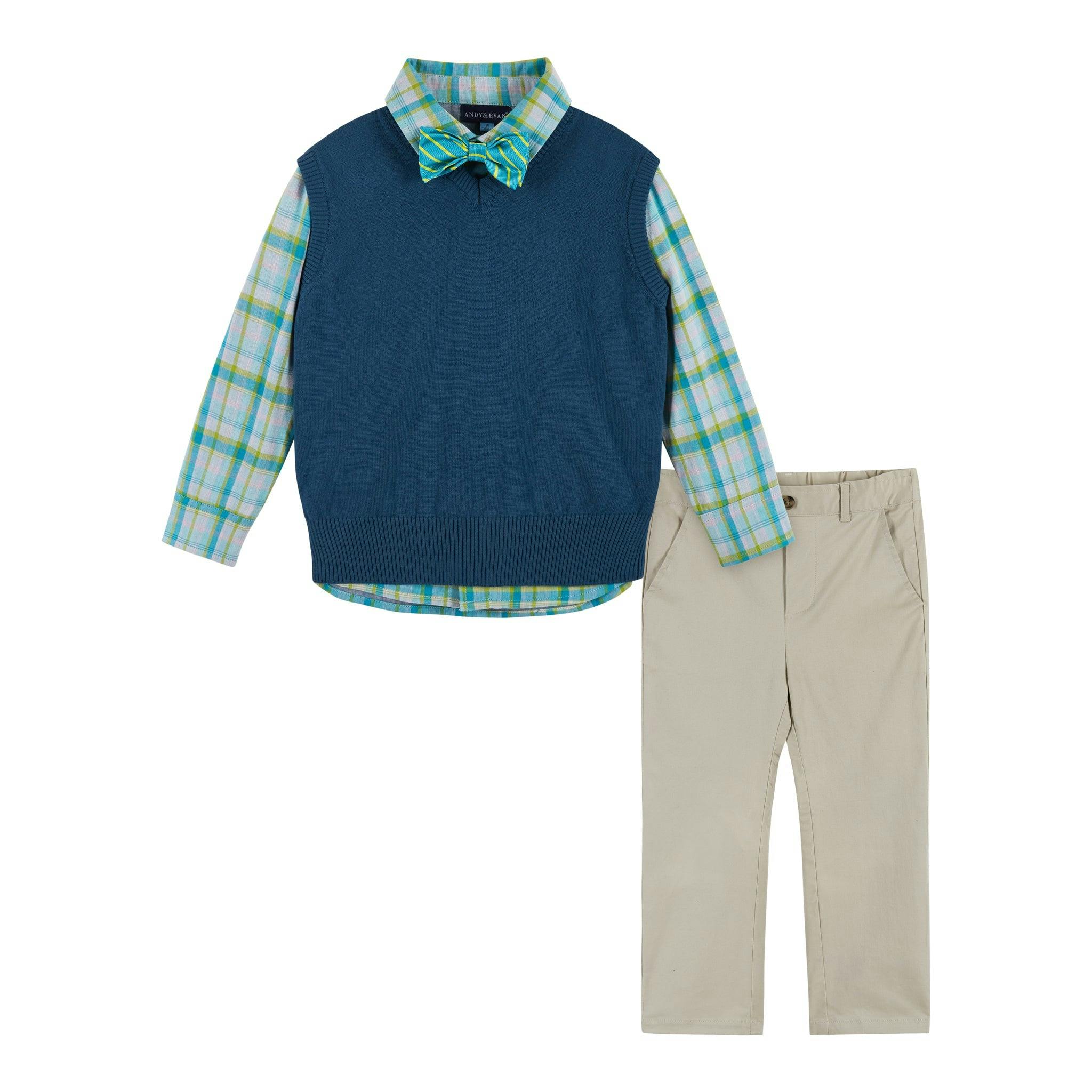 Boys 4-Piece Vest Set | Navy & Khaki Plaid