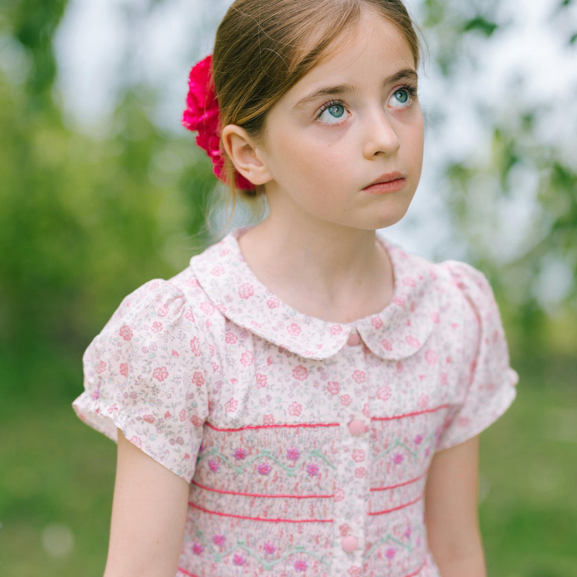 Violette Pink Floral Short Puff Smocked Dress