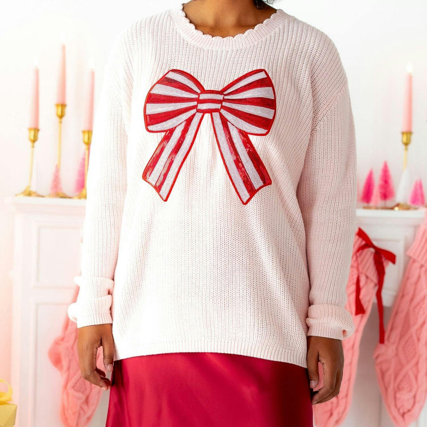 Candy Cane Sequin Bow Patch Christmas Women's Sweater