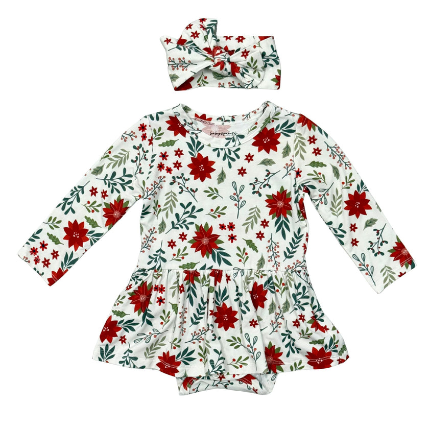 Baby Girl Long Sleeve Bodysuit Dress Set in Poinsettia