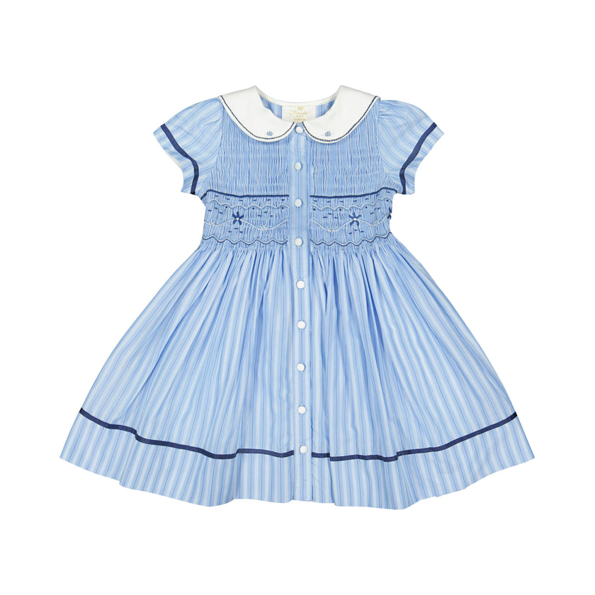 Riviera Blue Stripe Short Sleeve Smocked Dress