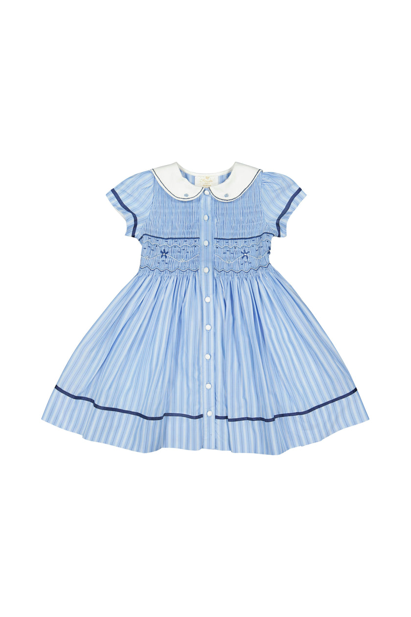 Riviera Blue Stripe Short Sleeve Smocked Dress