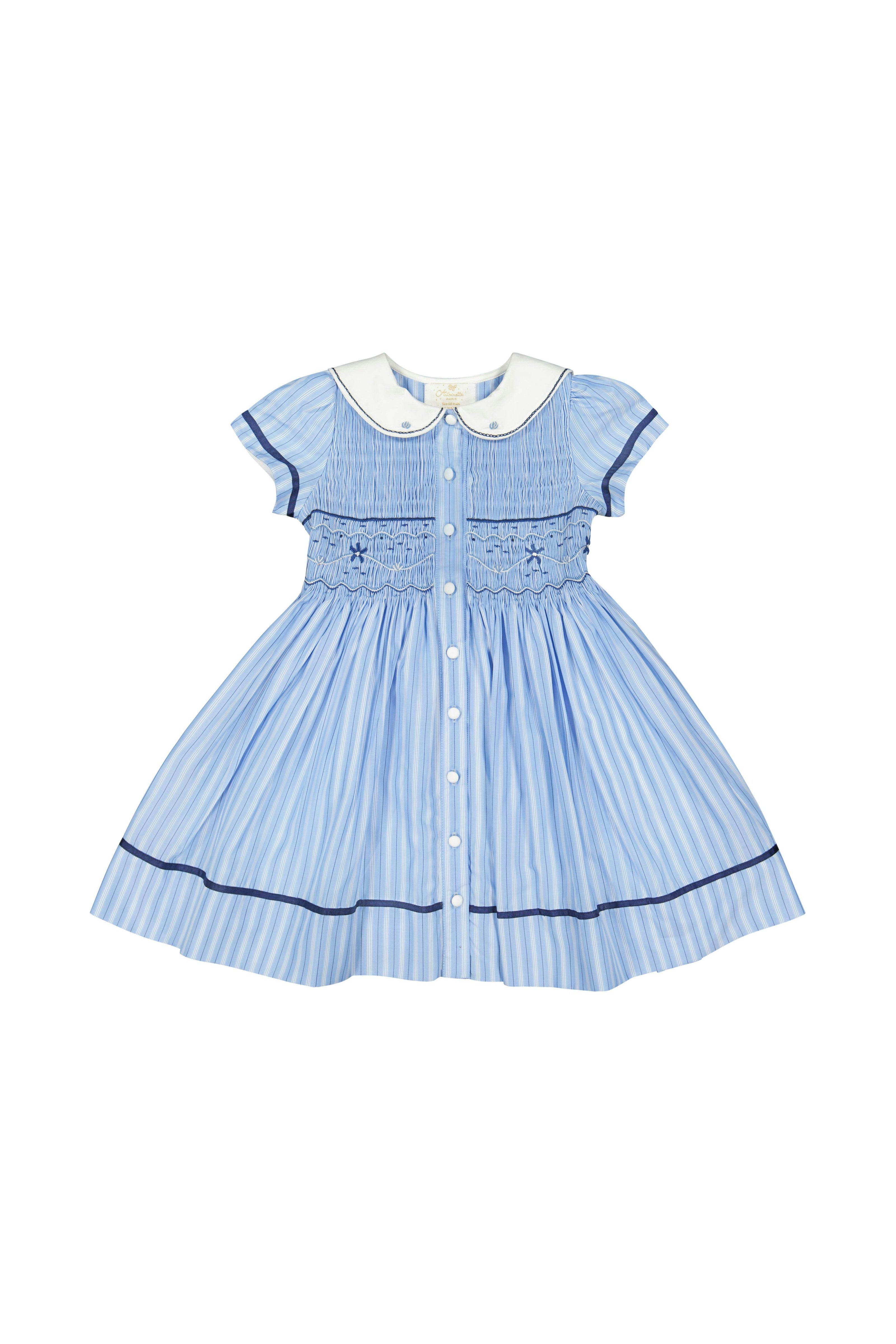 Riviera Blue Stripe Short Sleeve Smocked Dress