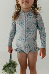 Girls One-Piece Ruffle Rash Guard Swimsuit in Makeup