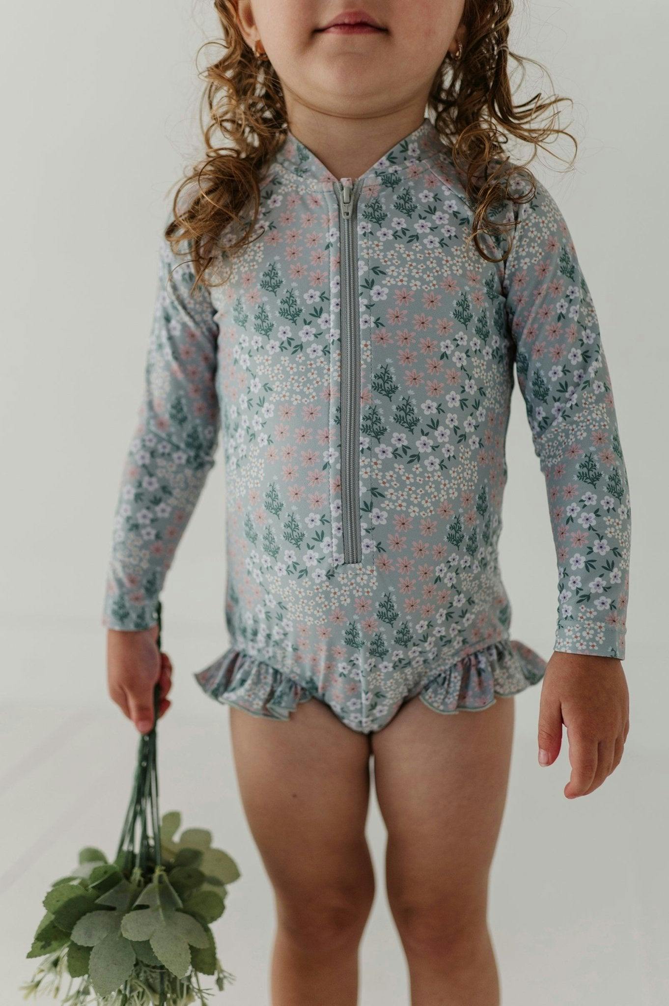 Girls One-Piece Ruffle Rash Guard Swimsuit in Makeup