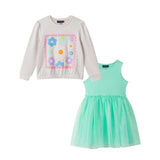 Girls Chenille Floral Sweatshirt & Tulle Tank Dress Set | Aqua