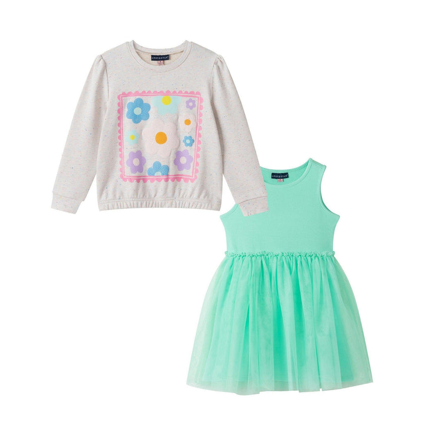 Girls Chenille Floral Sweatshirt & Tulle Tank Dress Set | Aqua