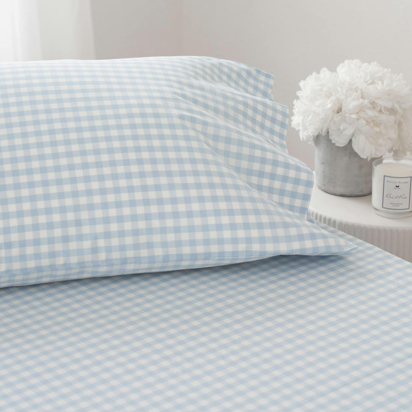 Luxe Premium Percale Bed Sheets in Light Blue Gingham